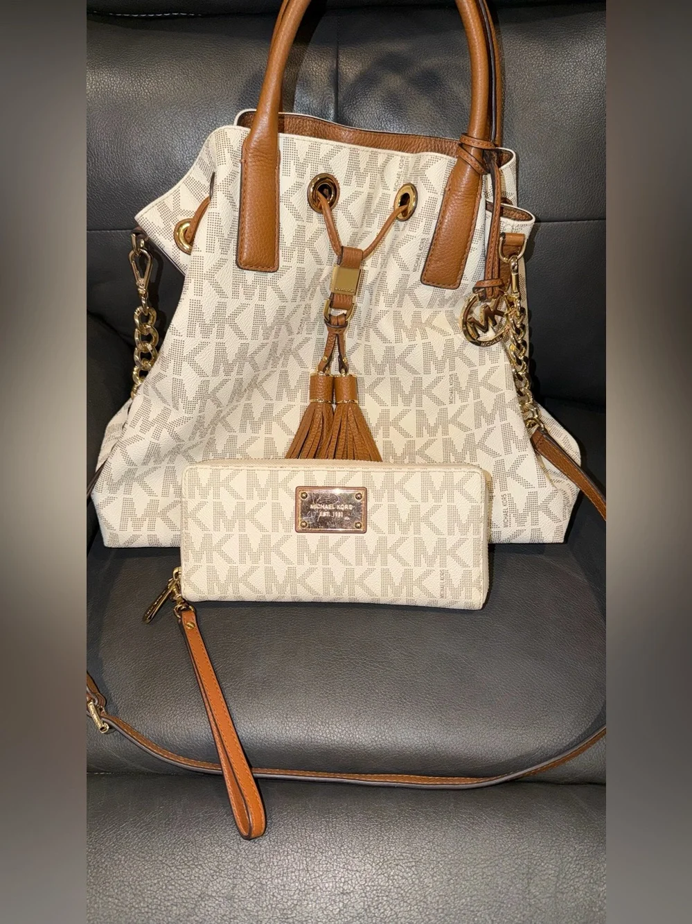 Michael Kors Cream MK Logo Drawstring Satchel with Brown Trim